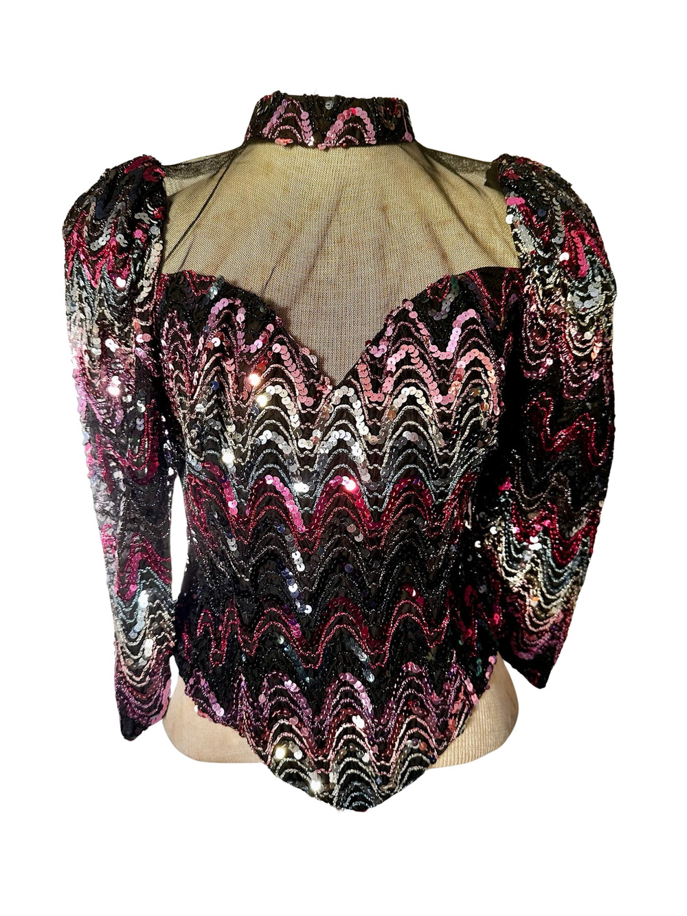 80s Pink Sequin Black Mesh Party Blouse SM/MED